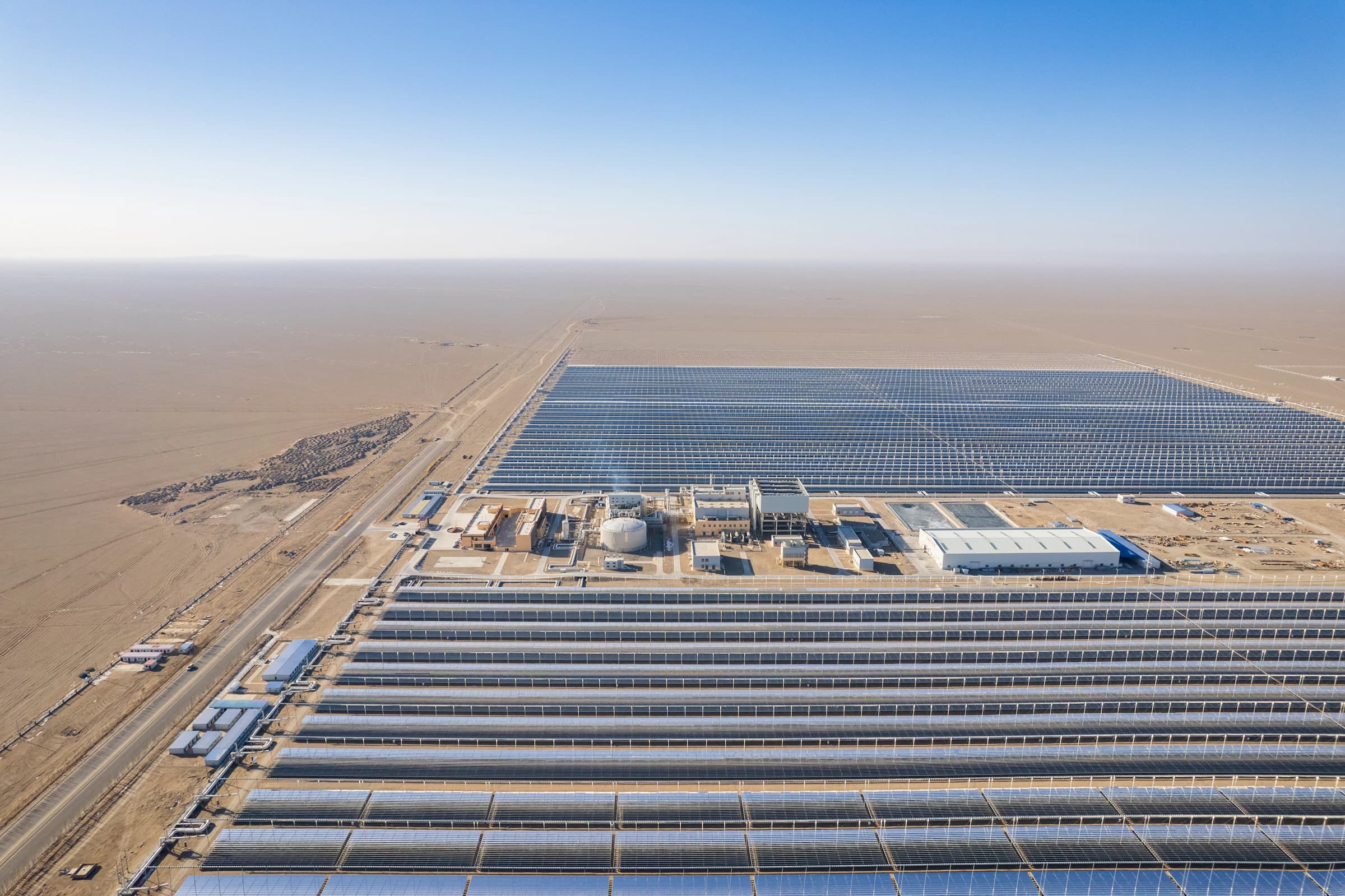 Aerial view of a large utility-scale solar power plant